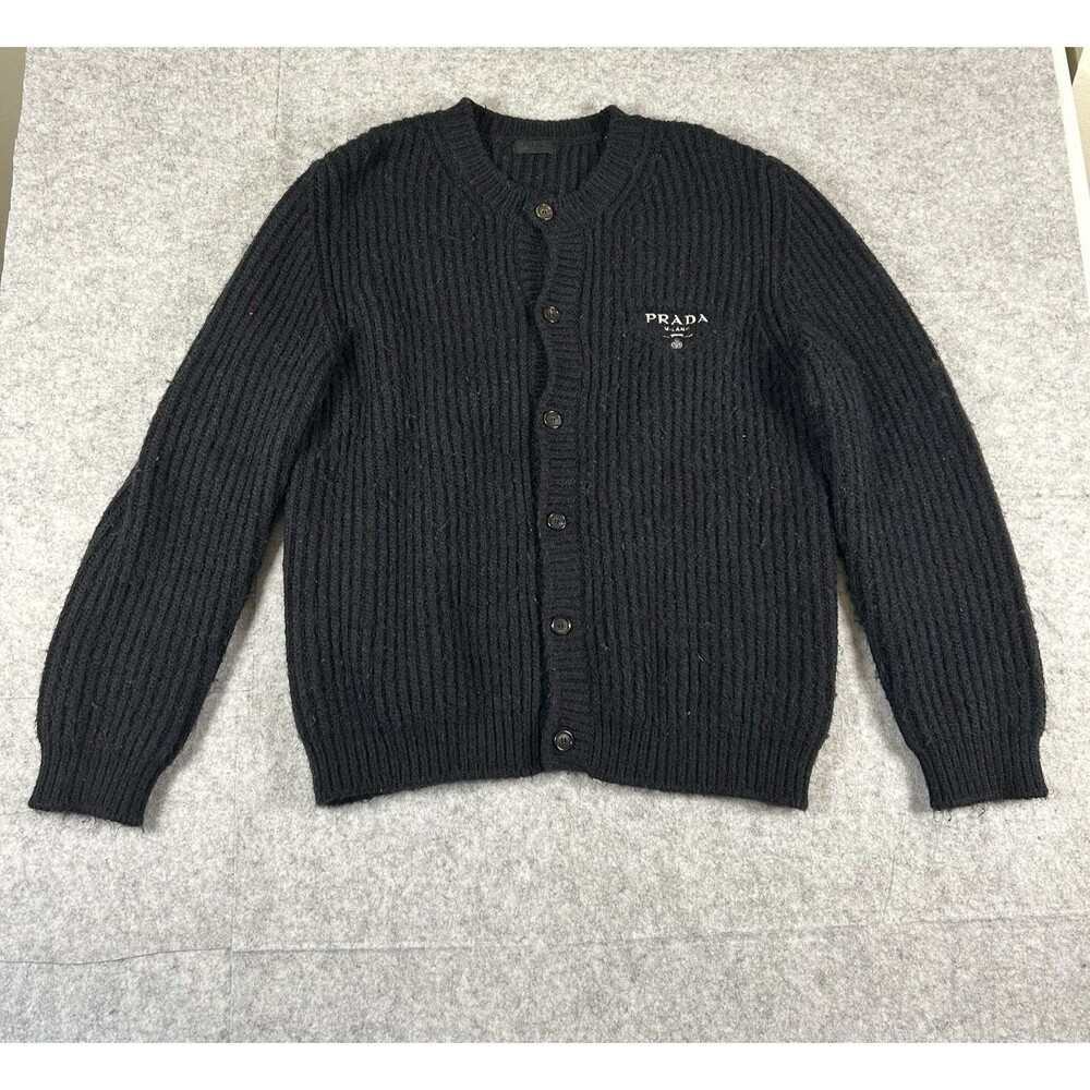 Prada Black Label Button Up 100% Wool Cardigan Sweater Embroidered Logo Men's L